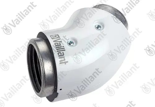 Vaillant Bogen in Weiß, aus Metall gefertigt, mit einem Anschluss für Rohre. Geeignet für den Einsatz in Brennwertsystemen.